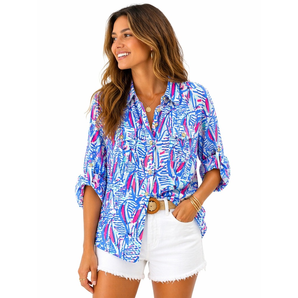 Lilly Pulitzer Cruiser Shirt 0 Resort White Nautical Preppy Boating Coastal
